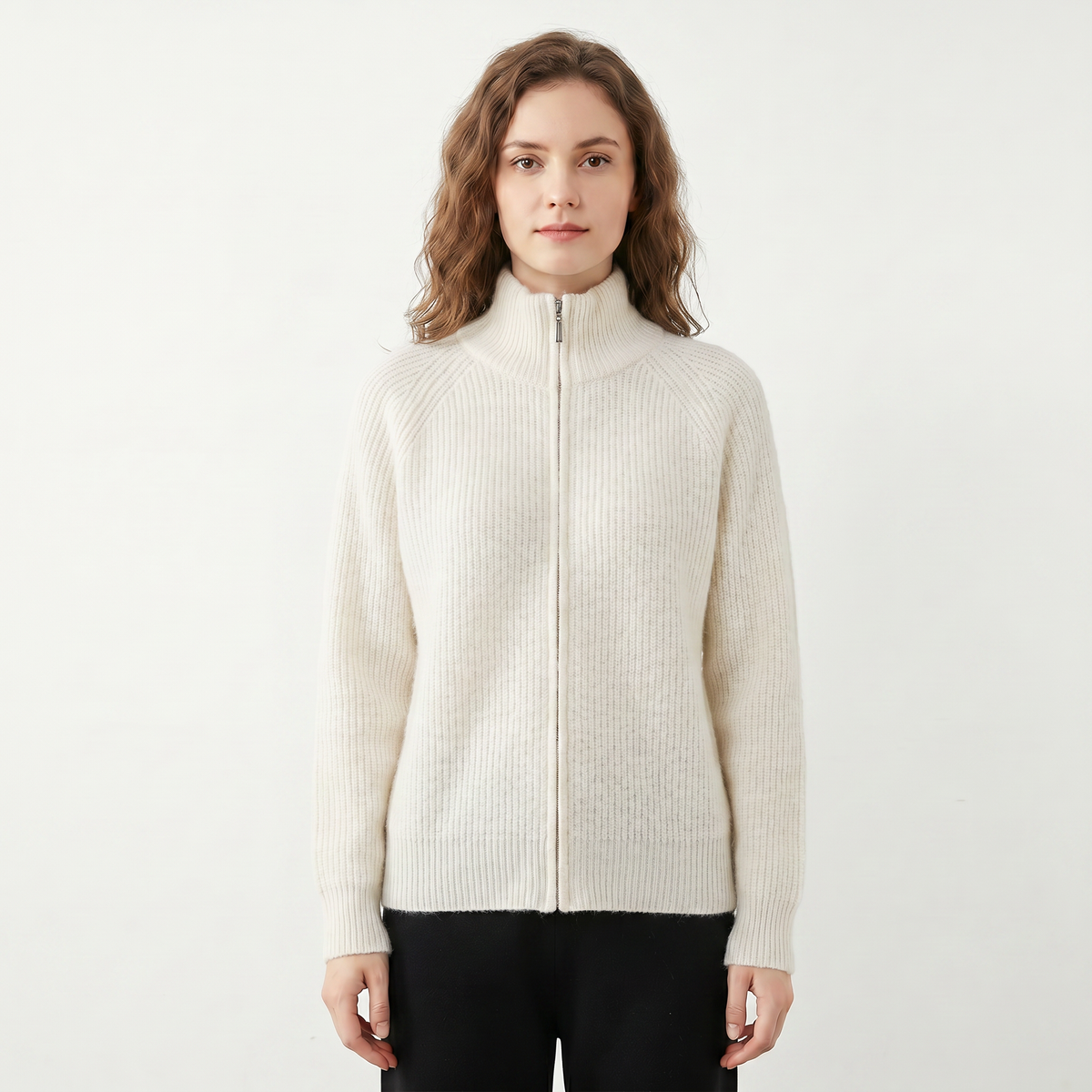 Women's Fluffy Winter Cardigan Ribbed Zip-Up Funnel-Neck Knit Fitted