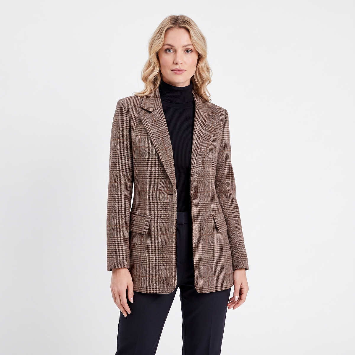 Women's Check Blazer Single-Button Longline Tailored Fit