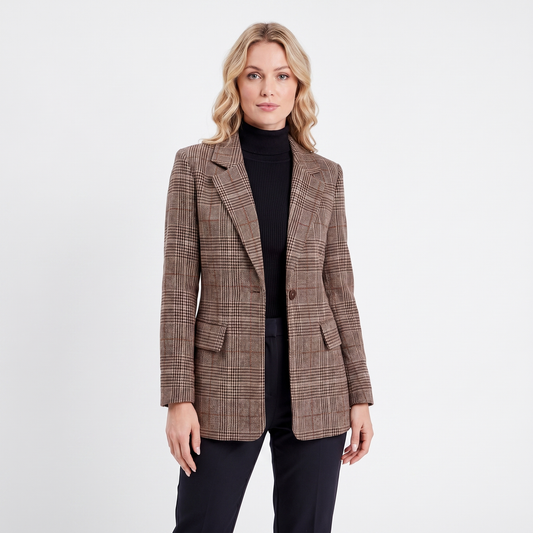 Women's Check Blazer Single-Button Longline Tailored Fit