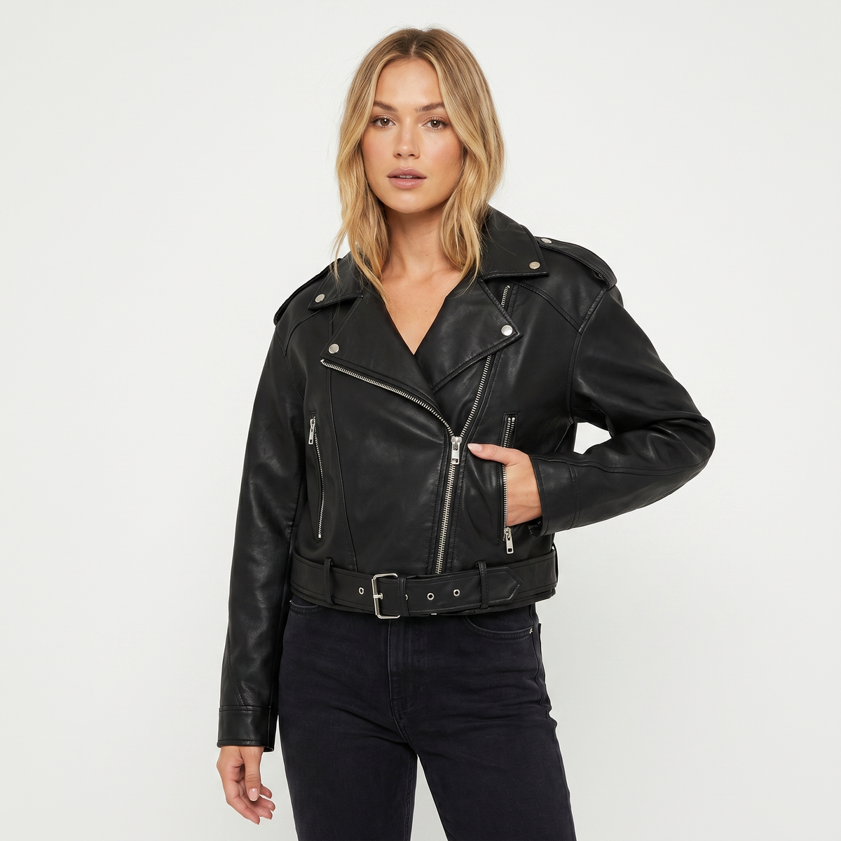 Women's Biker Autumn Jacket Belted Biker Asymmetric Zip Silver Hardware