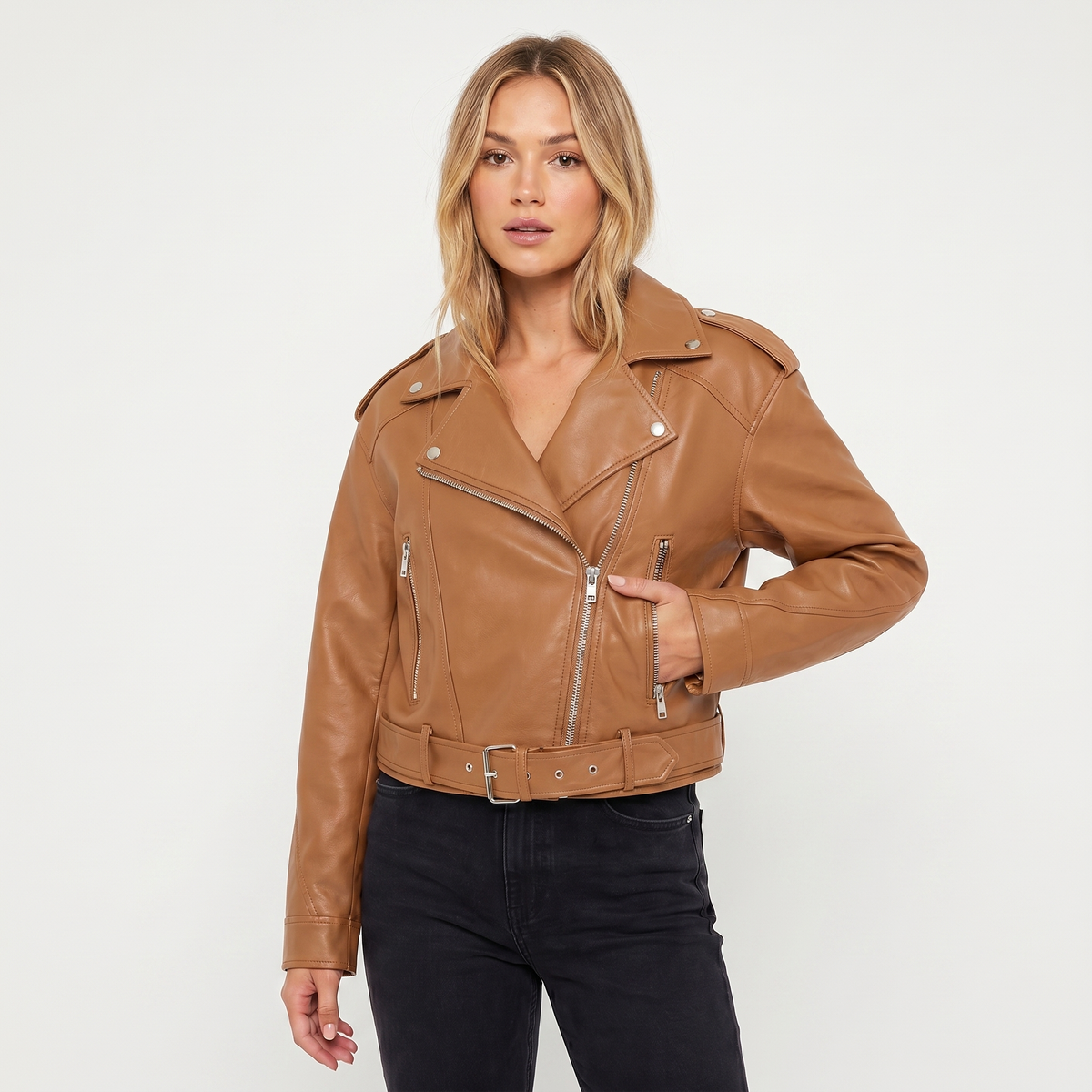 Women's Biker Autumn Jacket Belted Biker Asymmetric Zip Silver Hardware