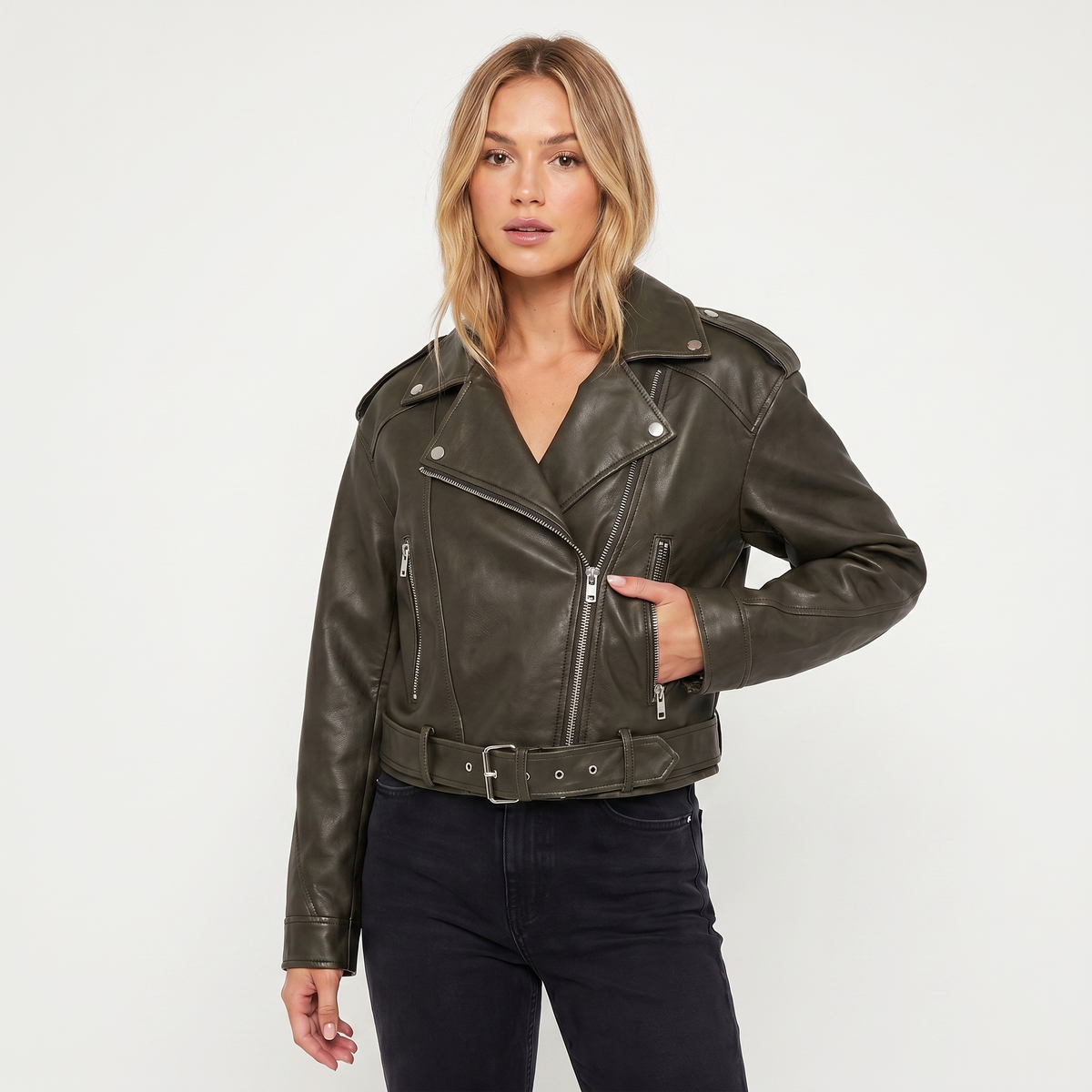 Women's Biker Autumn Jacket Belted Biker Asymmetric Zip Silver Hardware