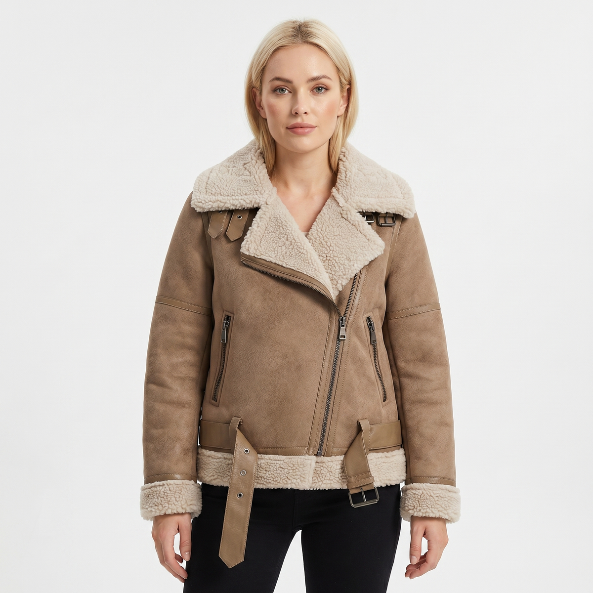 Women's Suede Autumn Jacket Shearling-Lined Aviator Biker Belted