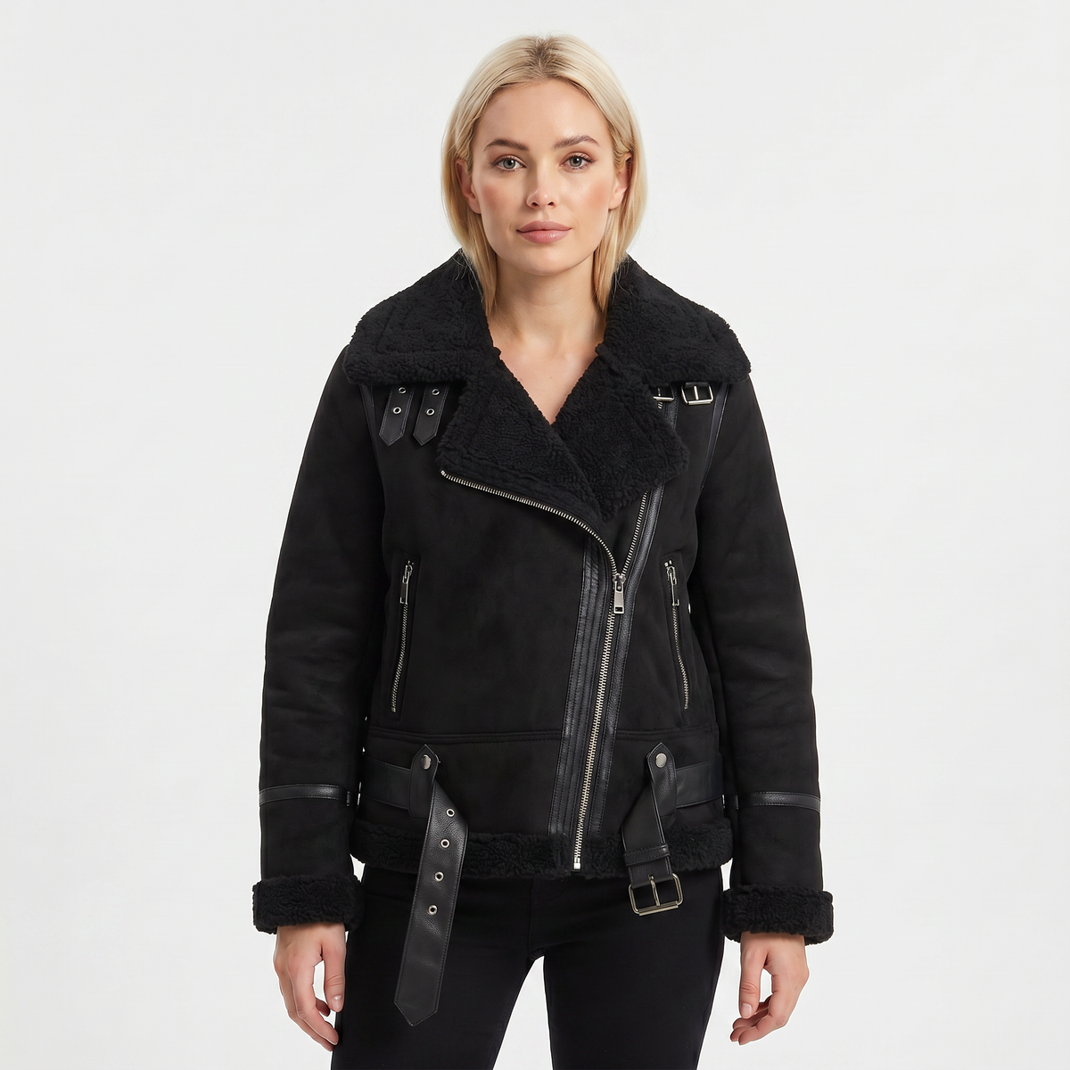 Women's Suede Autumn Jacket Shearling-Lined Aviator Biker Belted