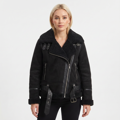 Women's Suede Autumn Jacket Shearling-Lined Aviator Biker Belted