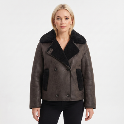 Women's Suede Autumn Jacket Shearling-Lined Aviator Biker Belted