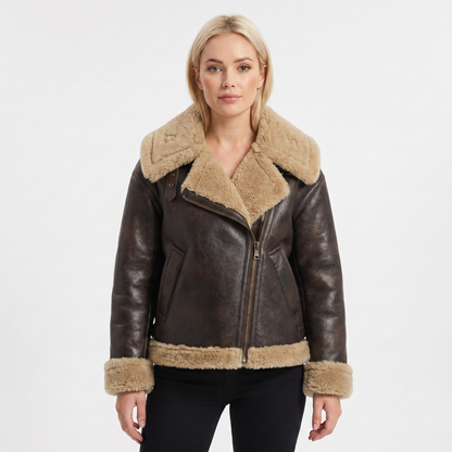 Women's Suede Autumn Jacket Shearling-Lined Aviator Biker Belted