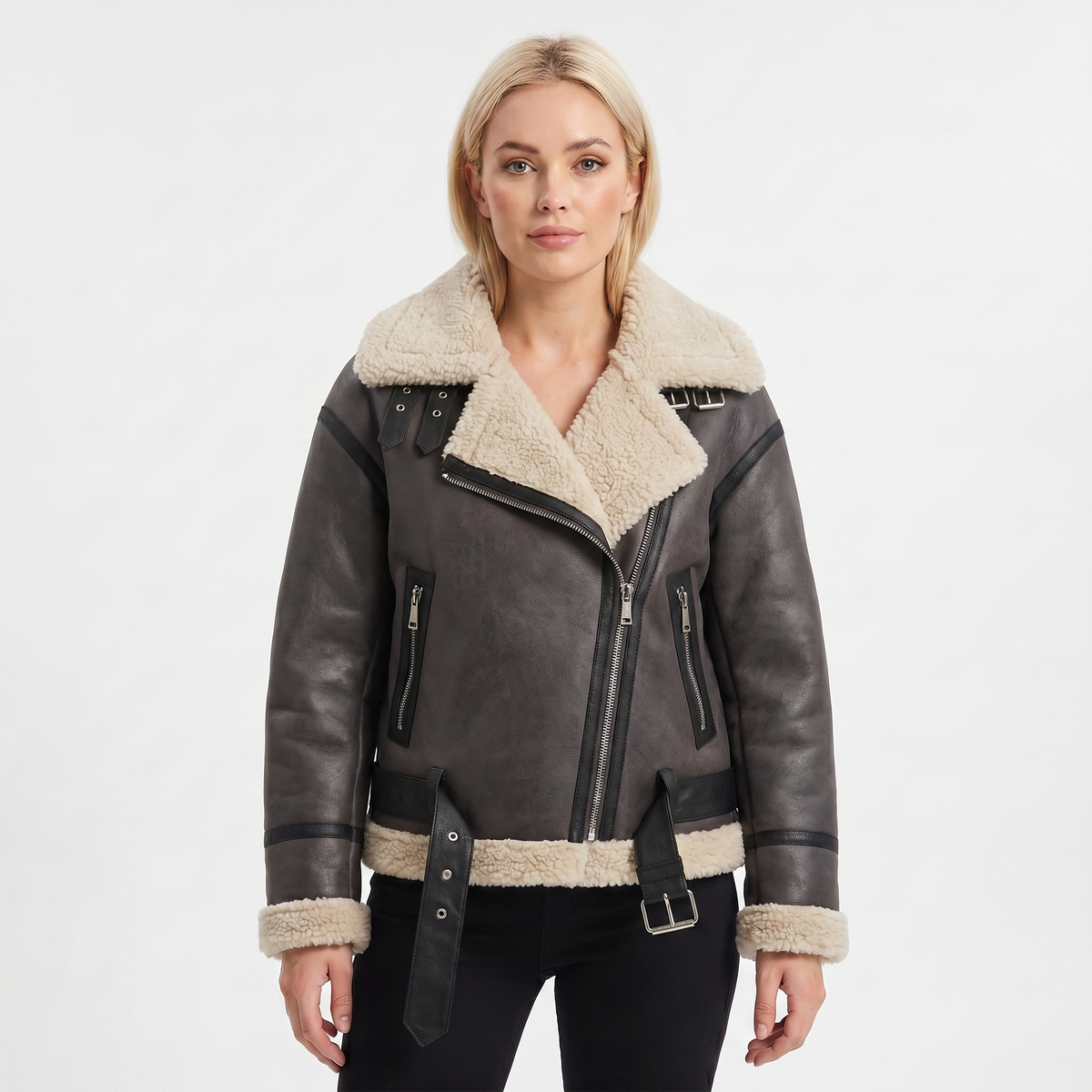 Women's Suede Autumn Jacket Shearling-Lined Aviator Biker Belted