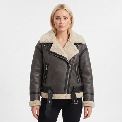 Women's Suede Autumn Jacket Shearling-Lined Aviator Biker Belted