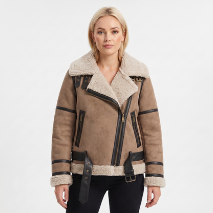 Women's Suede Autumn Jacket Shearling-Lined Aviator Biker Belted