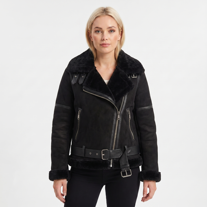 Women's Suede Autumn Jacket Shearling-Lined Aviator Biker Belted