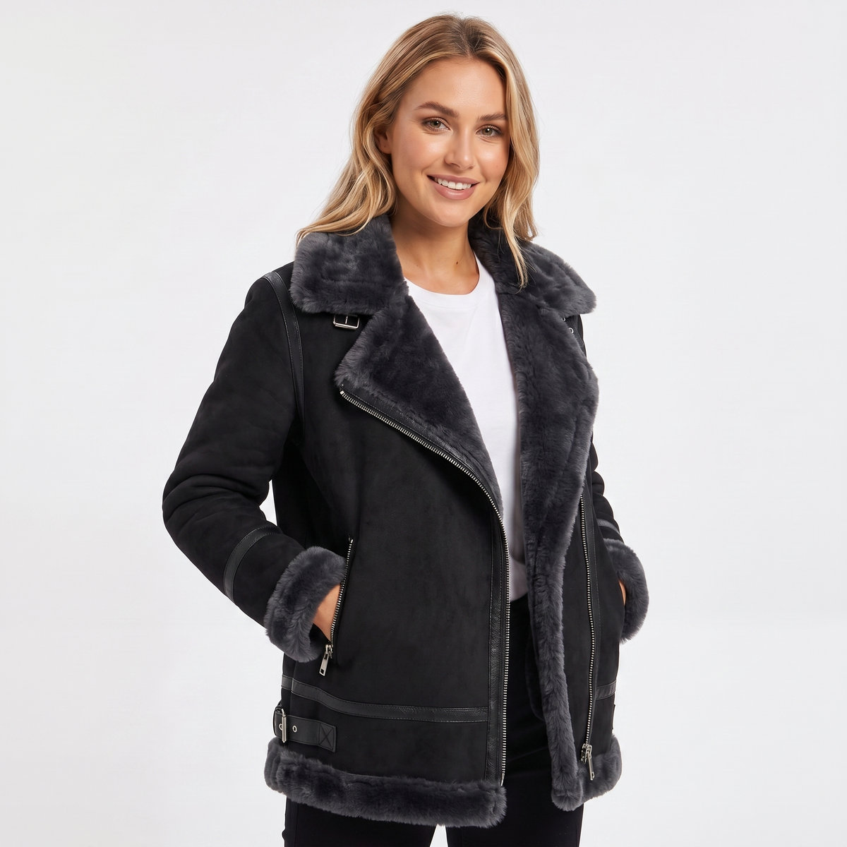 Women's Sherpa Winter Jacket Suede-Look Aviator Tonal Lined