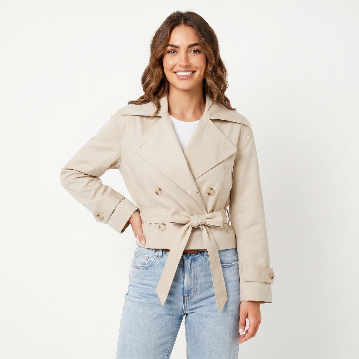 Women's Cropped Trench Coat Double-Breasted Belted Winter Jacket