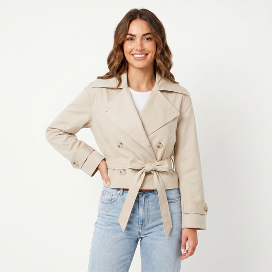 Women's Cropped Trench Coat Double-Breasted Belted Winter Jacket