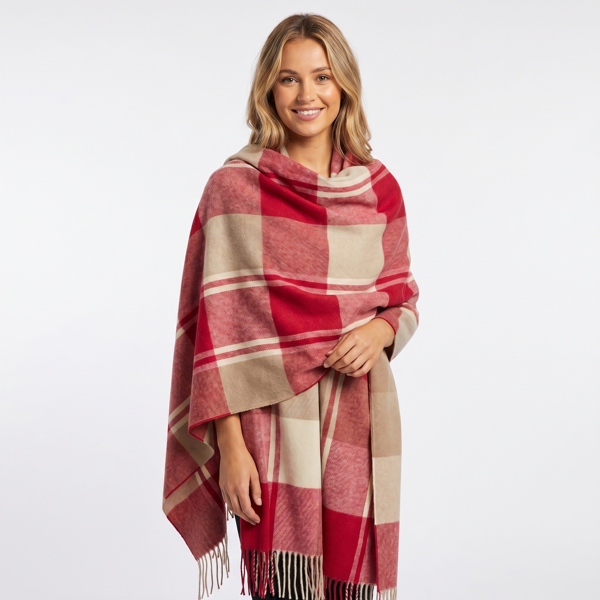 Women's Shawl Winter Scarf Oversized Check Blanket Fringe Wool-Look