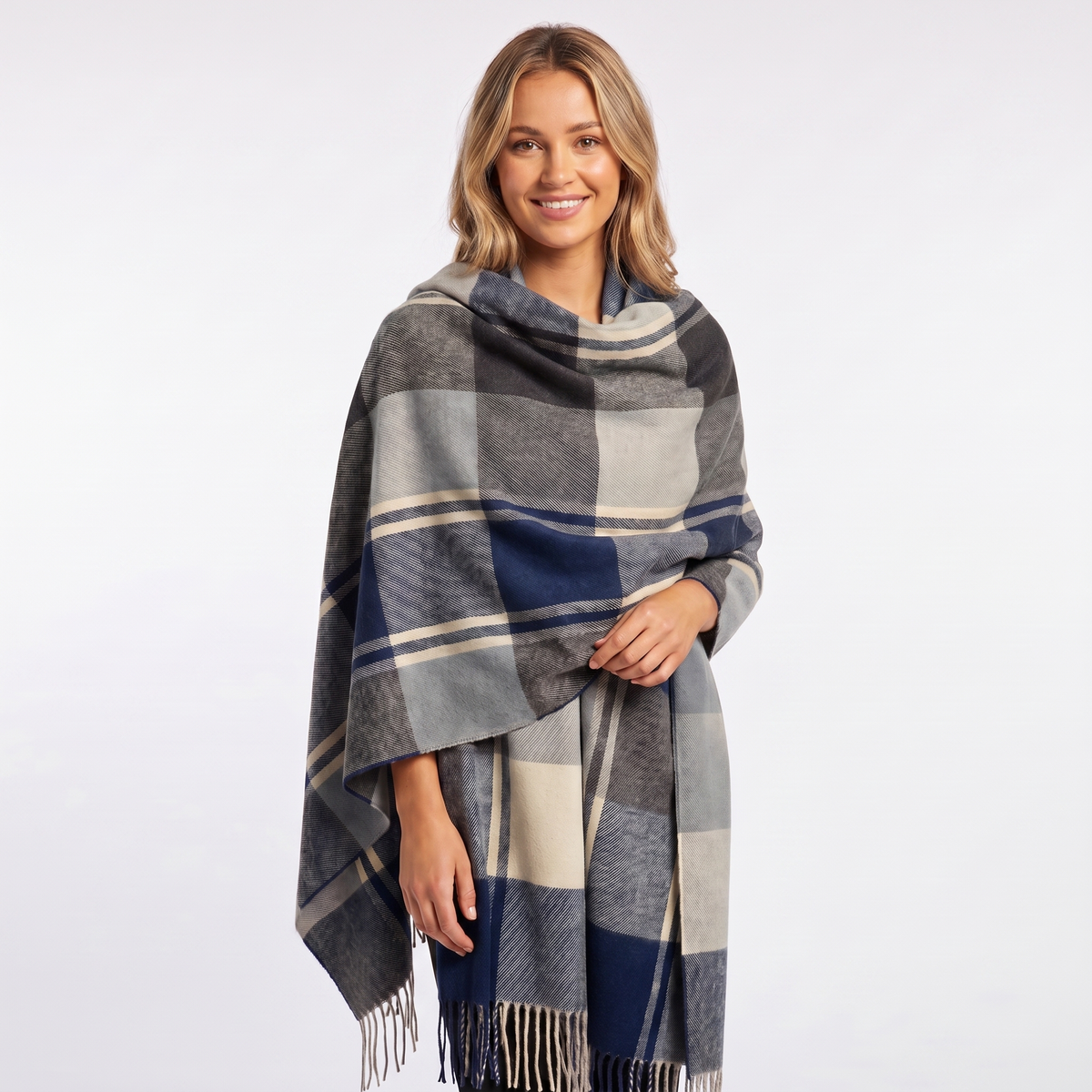 Women's Shawl Winter Scarf Oversized Check Blanket Fringe Wool-Look