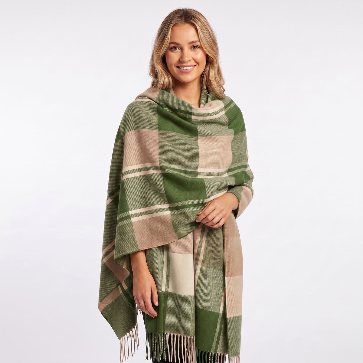 Women's Shawl Winter Scarf Oversized Check Blanket Fringe Wool-Look