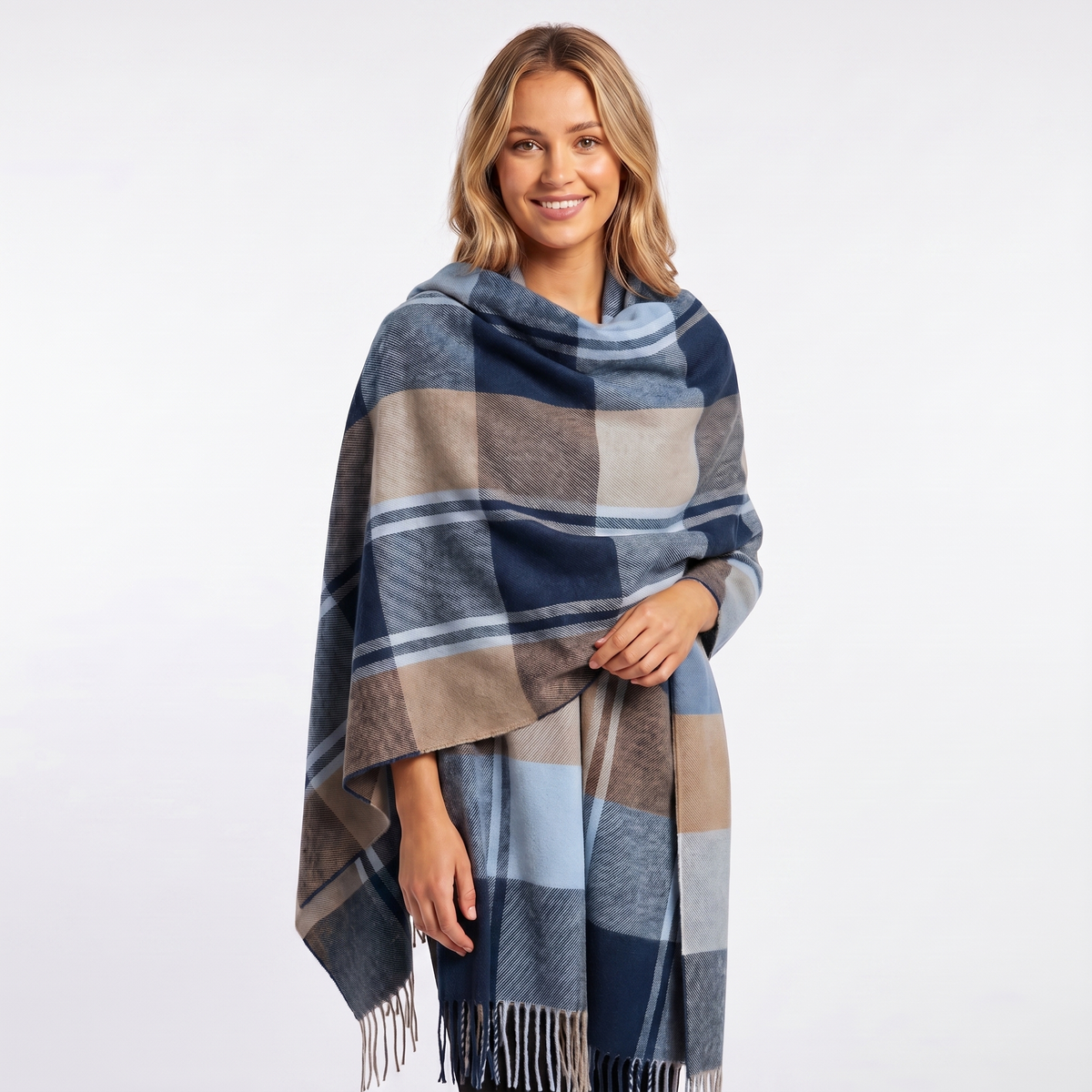 Women's Shawl Winter Scarf Oversized Check Blanket Fringe Wool-Look