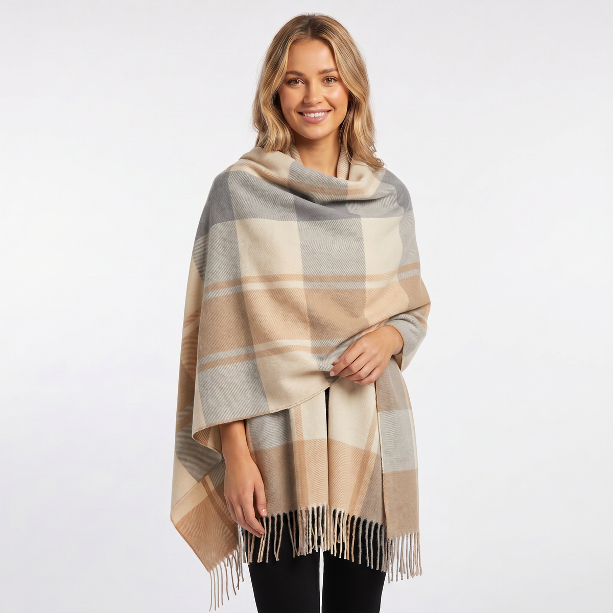 Women's Shawl Winter Scarf Oversized Check Blanket Fringe Wool-Look