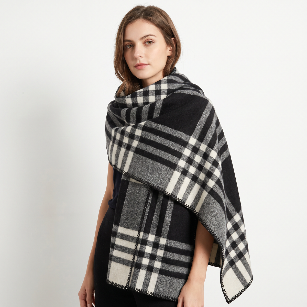Women's Shawl Wrap Oversized Check Blanket Stitch Edge Woven Winter
