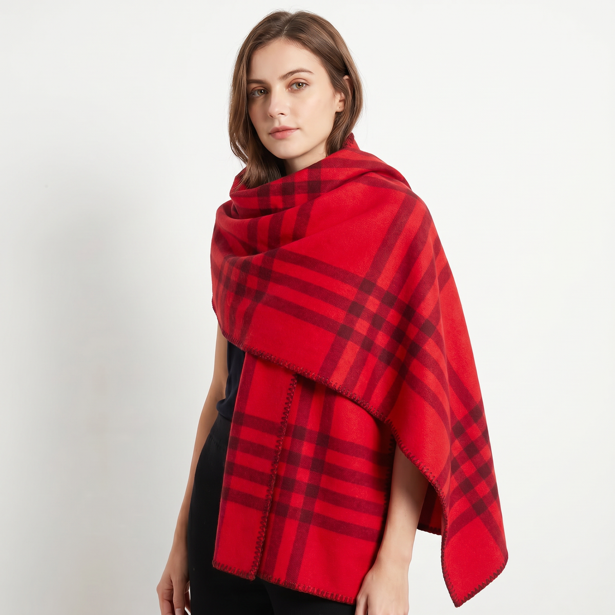Women's Shawl Wrap Oversized Check Blanket Stitch Edge Woven Winter