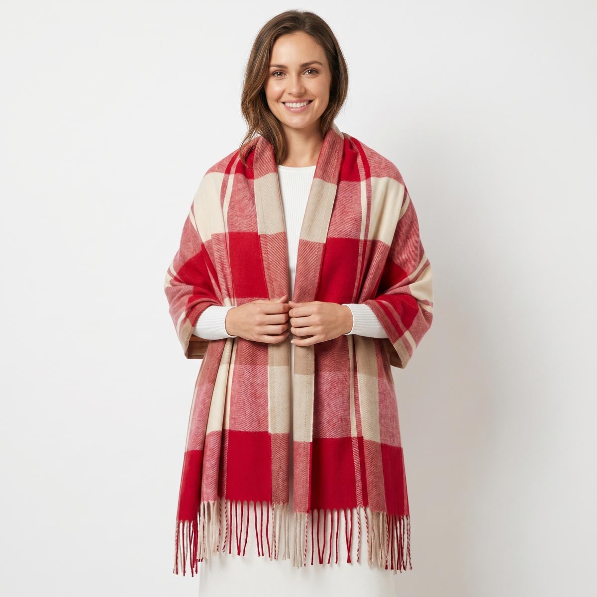 Women's Shawl Winter Scarf Oversized Check Woven Fringe Blanket Wrap