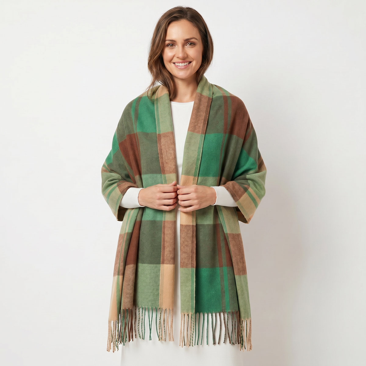 Women's Shawl Winter Scarf Oversized Check Woven Fringe Blanket Wrap
