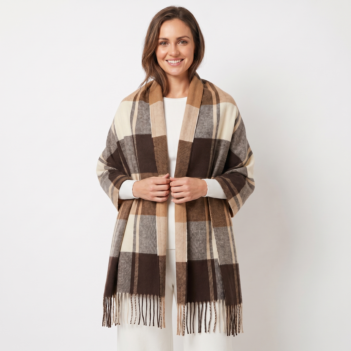 Women's Shawl Winter Scarf Oversized Check Woven Fringe Blanket Wrap