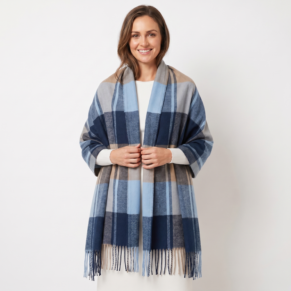 Women's Shawl Winter Scarf Oversized Check Woven Fringe Blanket Wrap