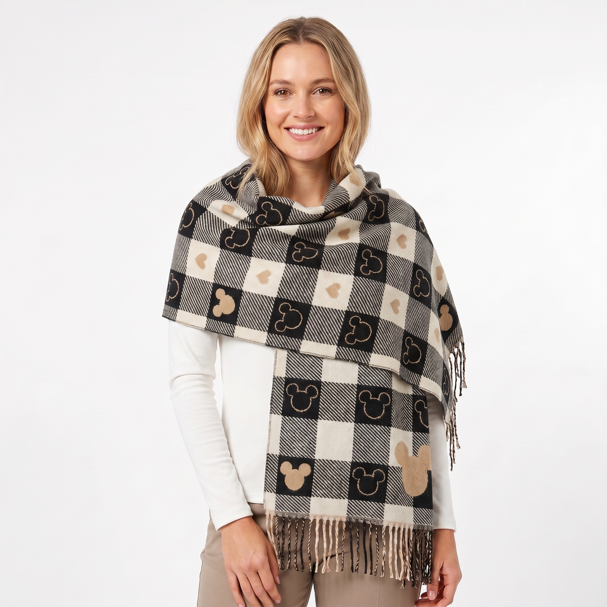 Women's Shawl Winter Scarf Heart Check Woven Fringe Blanket Wrap