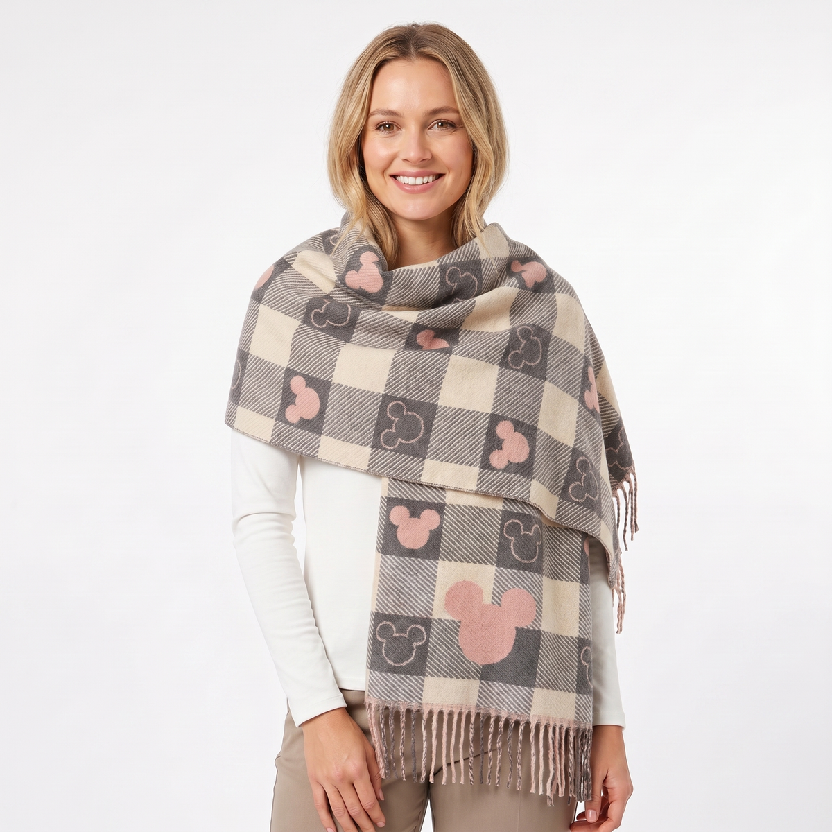 Women's Shawl Winter Scarf Heart Check Woven Fringe Blanket Wrap