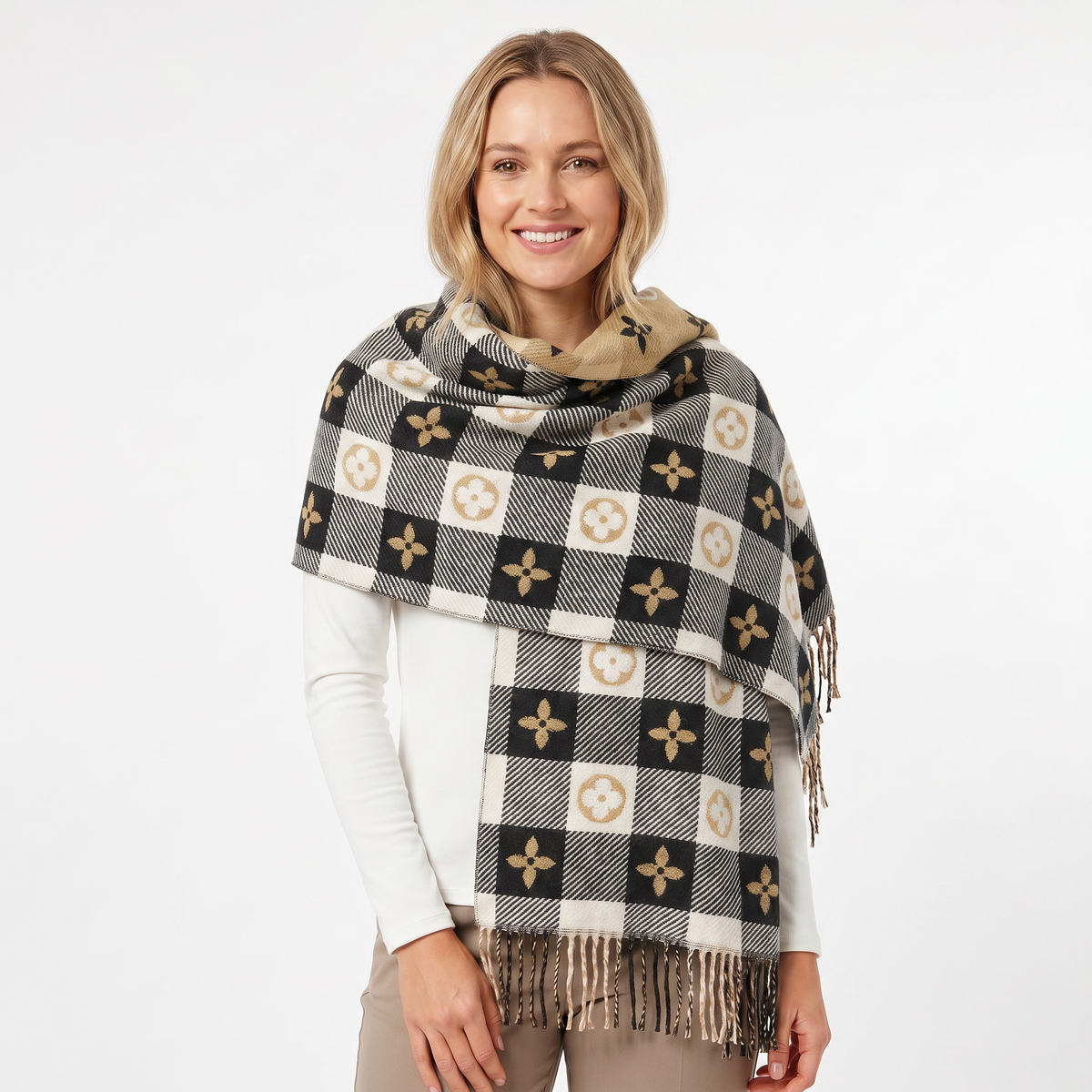 Women's Shawl Winter Scarf Heart Check Woven Fringe Blanket Wrap