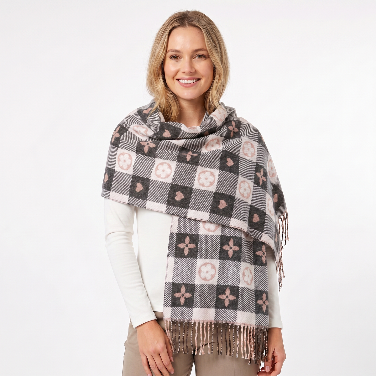 Women's Shawl Winter Scarf Heart Check Woven Fringe Blanket Wrap