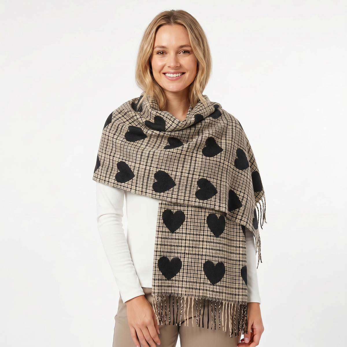 Women's Shawl Winter Scarf Heart Check Woven Fringe Blanket Wrap