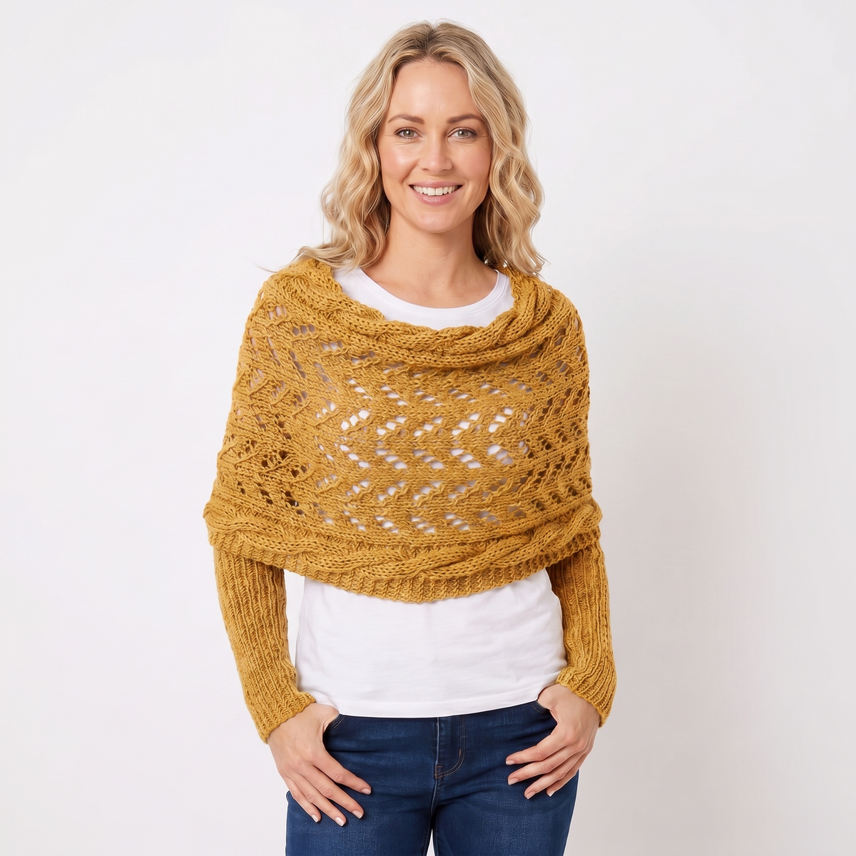 Women's Knit Shawl Open Lace Stitch Shoulder Wrap Ribbed Trim Winter