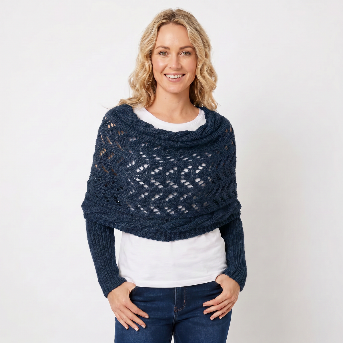 Women's Knit Shawl Open Lace Stitch Shoulder Wrap Ribbed Trim Winter