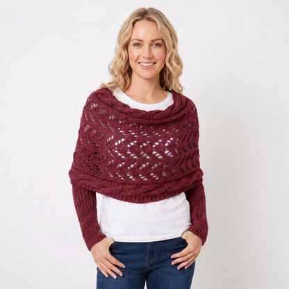 Women's Knit Shawl Open Lace Stitch Shoulder Wrap Ribbed Trim Winter