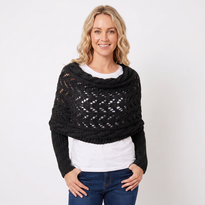 Women's Knit Shawl Open Lace Stitch Shoulder Wrap Ribbed Trim Winter