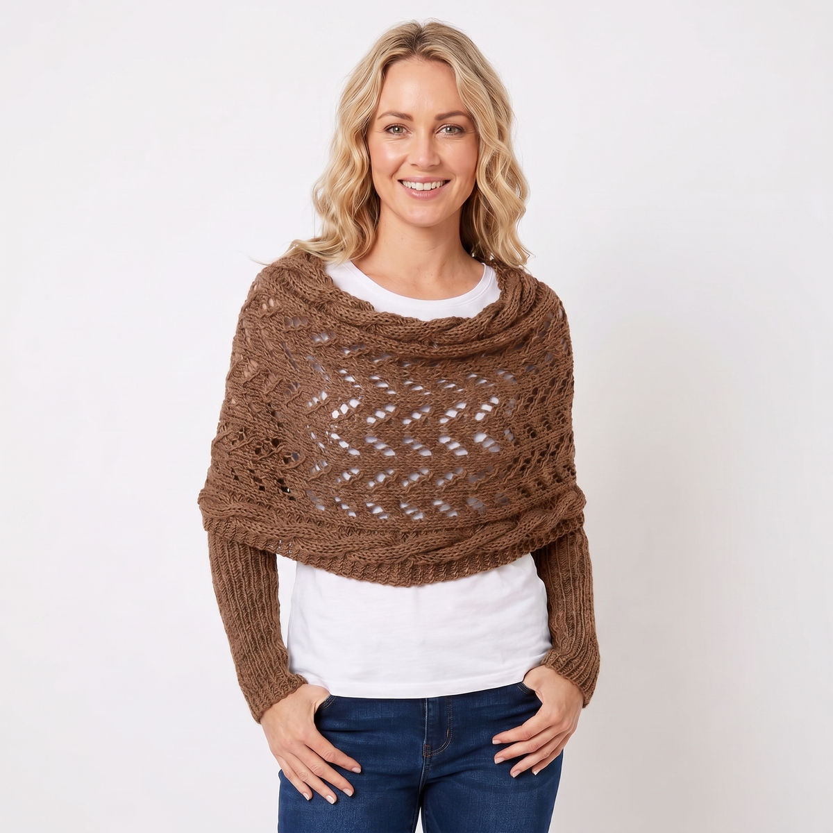 Women's Knit Shawl Open Lace Stitch Shoulder Wrap Ribbed Trim Winter