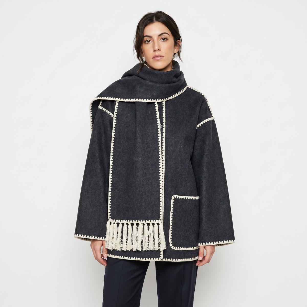 Women's Blanket Coat Wool-Look Contrast Stitch Attached Winter Scarf Tassel