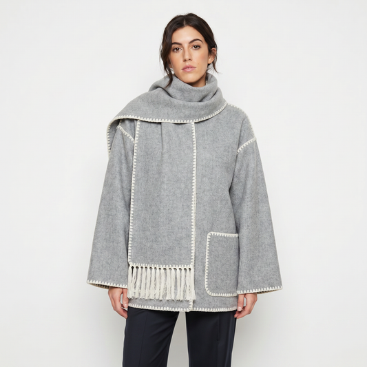 Cappotto a coperta da donna – Effetto lana con cuciture a contrasto, sciarpa attaccata e nappe