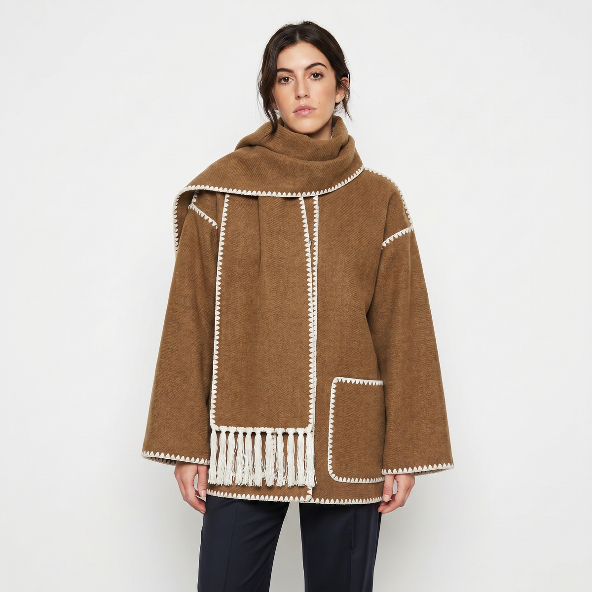 Women's Blanket Coat Wool-Look Contrast Stitch Attached Winter Scarf Tassel