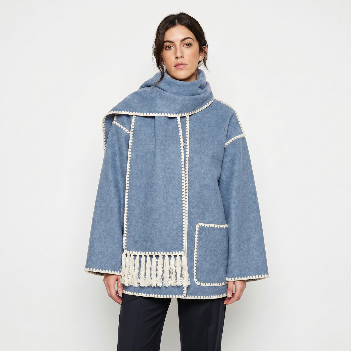Women's Blanket Coat Wool-Look Contrast Stitch Attached Winter Scarf Tassel