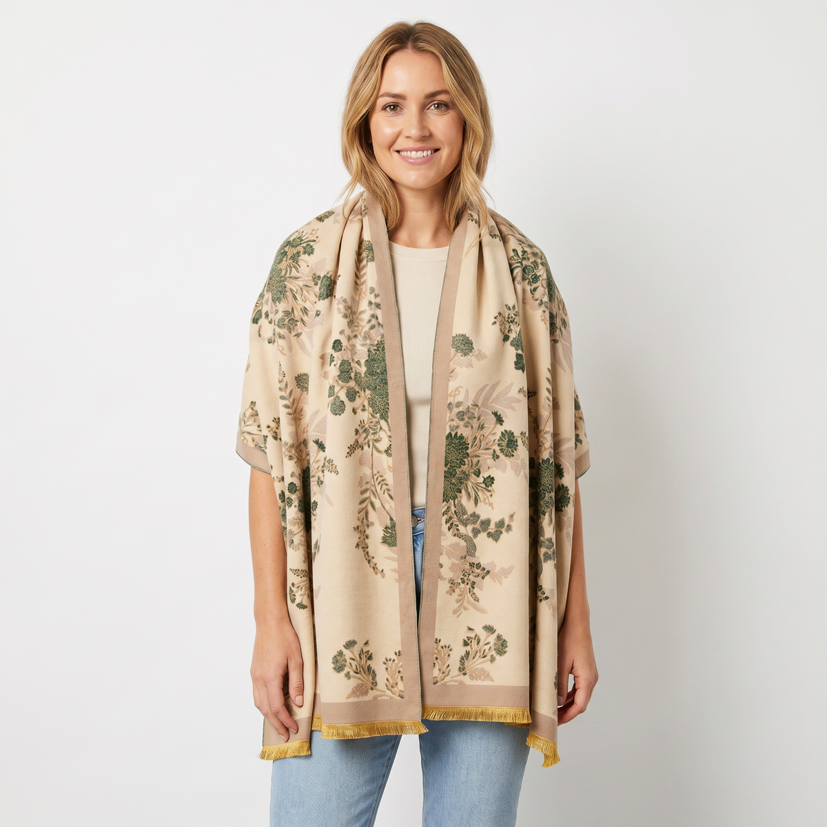 Women's Shawl Wrap Botanical Floral Woven Print Fringe Border Winter