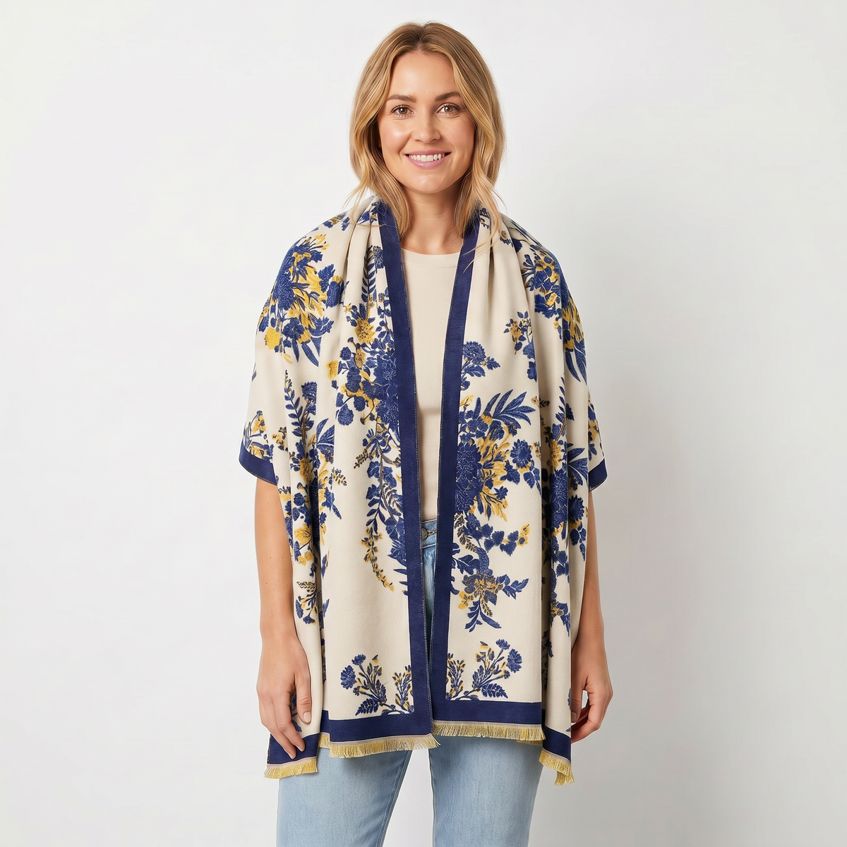 Women's Shawl Wrap Botanical Floral Woven Print Fringe Border Winter