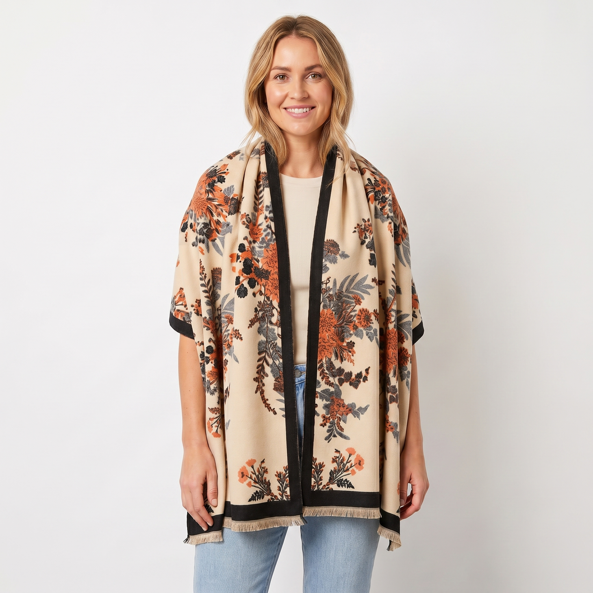 Women's Shawl Wrap Botanical Floral Woven Print Fringe Border Winter
