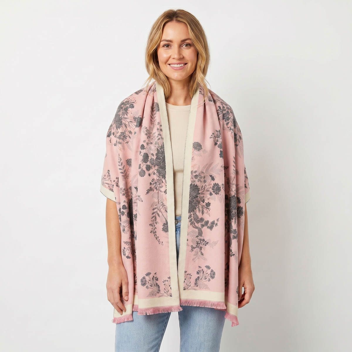 Women's Shawl Wrap Botanical Floral Woven Print Fringe Border Winter