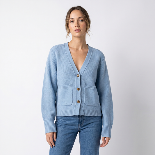 Women's V-Neck Cardigan Cropped Button Front Patch Pockets Gold Buttons