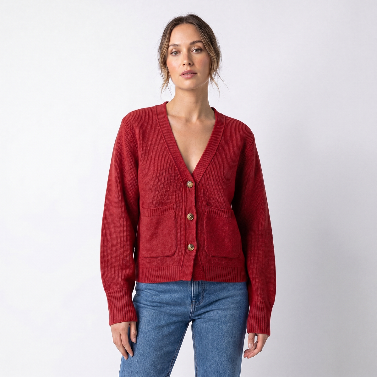 Women's V-Neck Cardigan Cropped Button Front Patch Pockets Gold Buttons