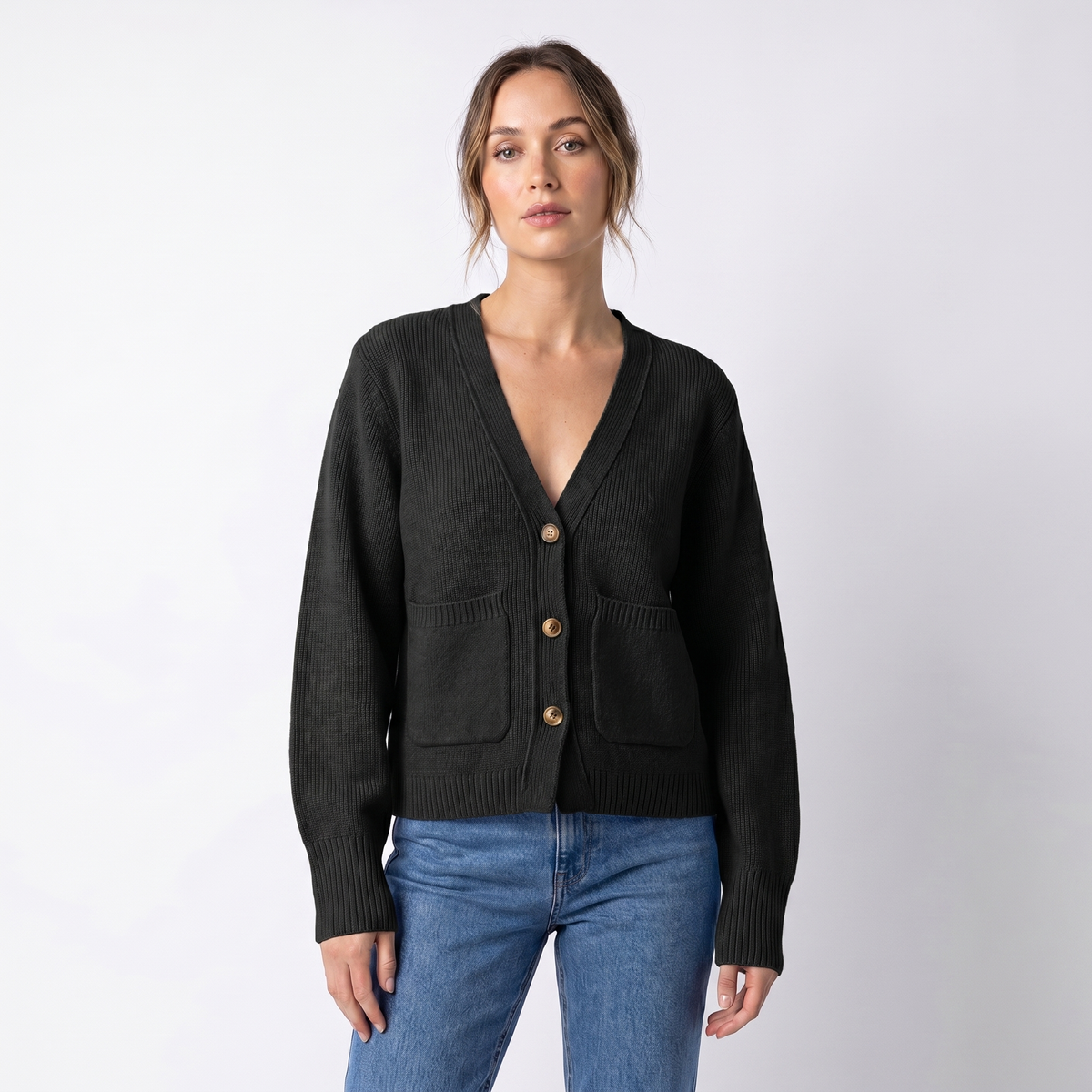 Women's V-Neck Cardigan Cropped Button Front Patch Pockets Gold Buttons